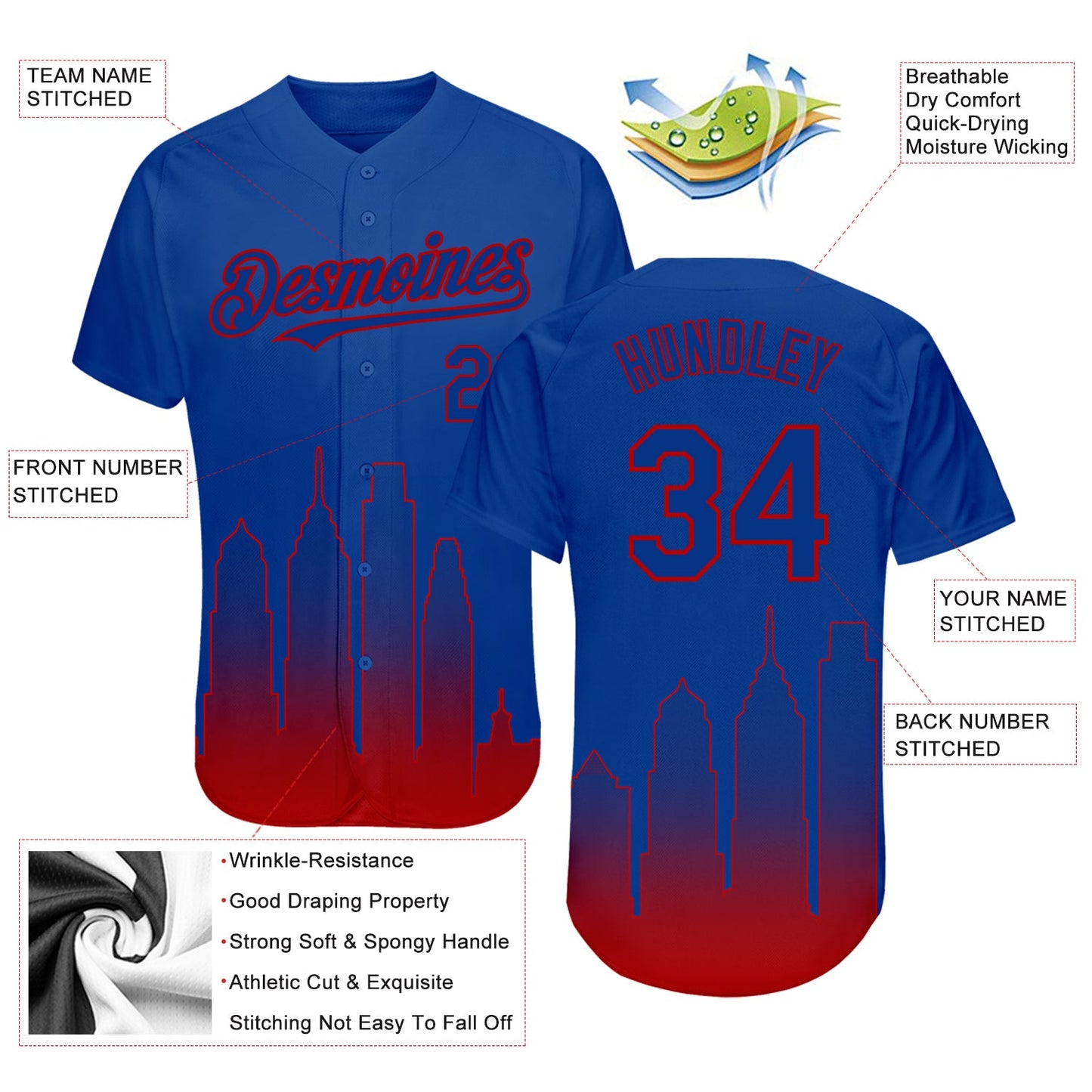 Custom Royal Red 3D Philadelphia City Edition Fade Fashion Authentic Baseball Jersey view 3