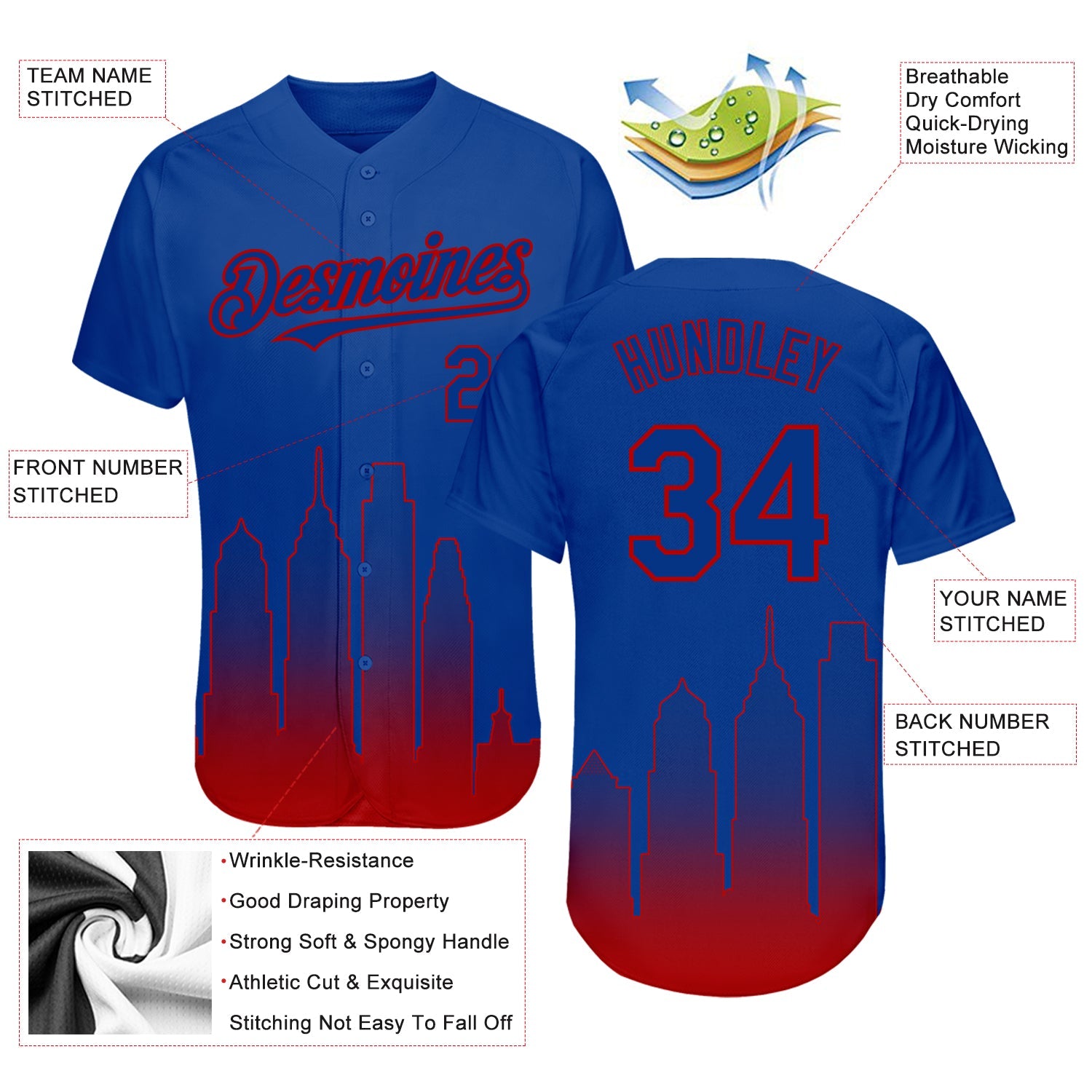 Custom Royal Red 3D Philadelphia City Edition Fade Fashion Authentic Baseball Jersey view 3