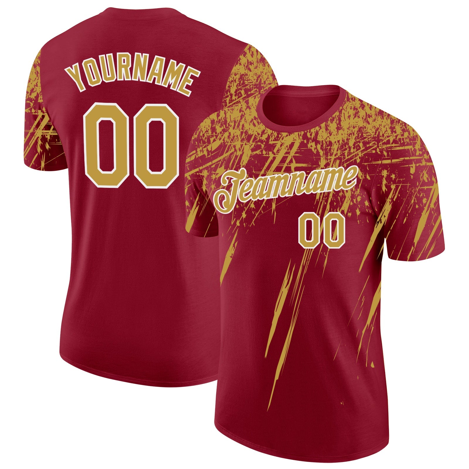 Custom Crimson Old Gold-White Distressed Scratch Brush Stroke Performance T-Shirt - Main View