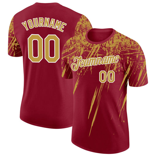 Custom Crimson Old Gold-White Distressed Scratch Brush Stroke Performance T-Shirt - Main View