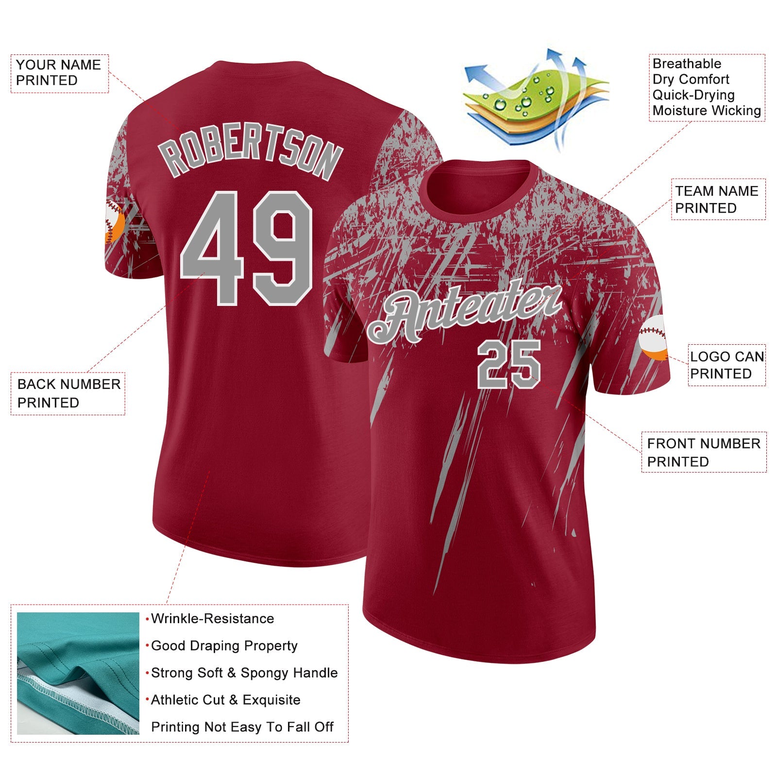 Custom Crimson Gray-White Distressed Scratch Brush Stroke Performance T-Shirt view 2
