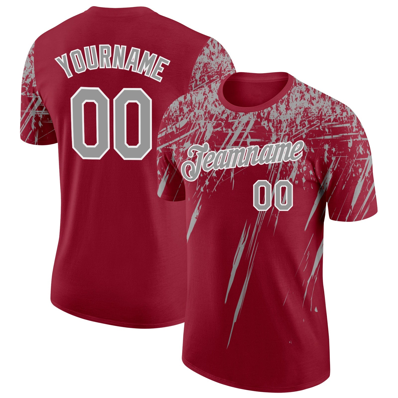 Custom Crimson Gray-White Distressed Scratch Brush Stroke Performance T-Shirt - Main View
