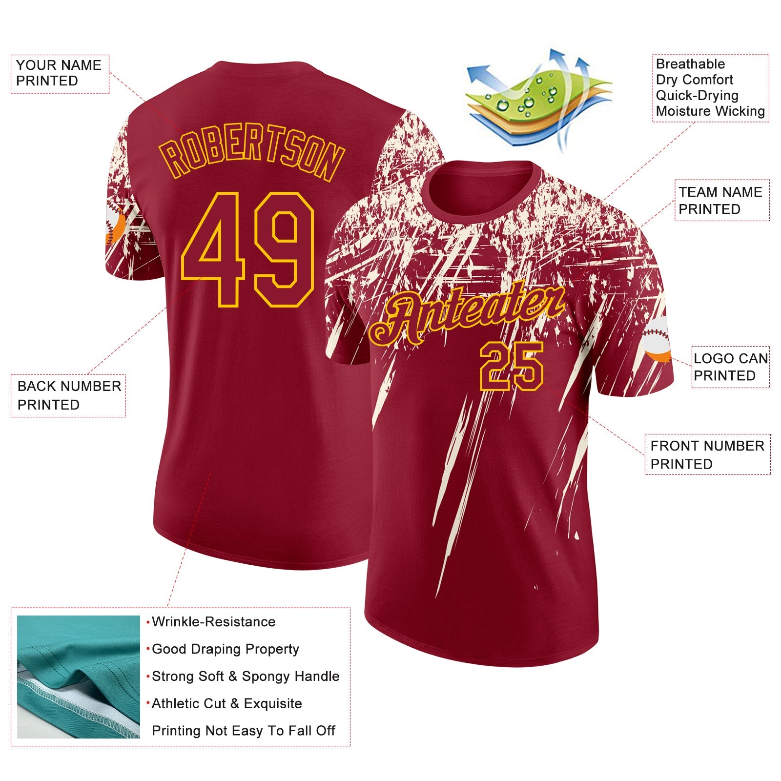 Custom Crimson Cream-Yellow Distressed Scratch Brush Stroke Performance T-Shirt view 2