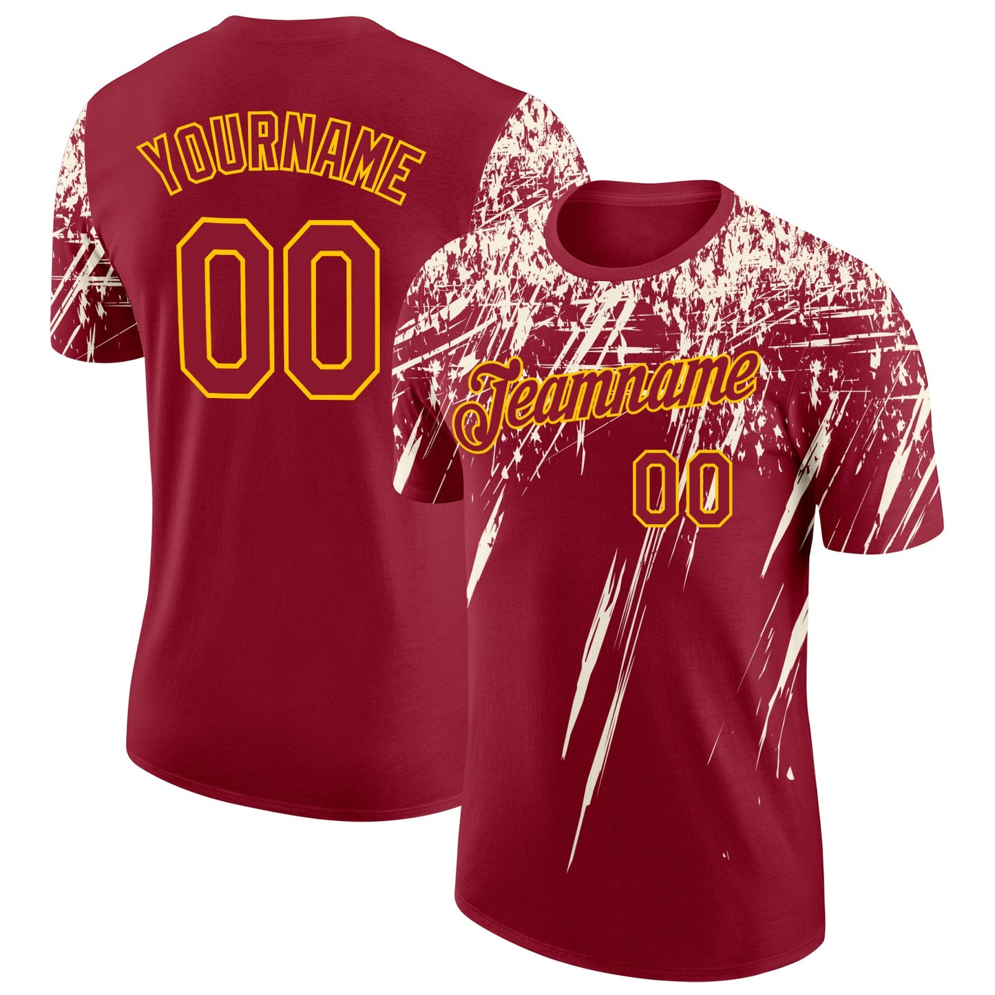 Custom Crimson Cream-Yellow Distressed Scratch Brush Stroke Performance T-Shirt - Main View