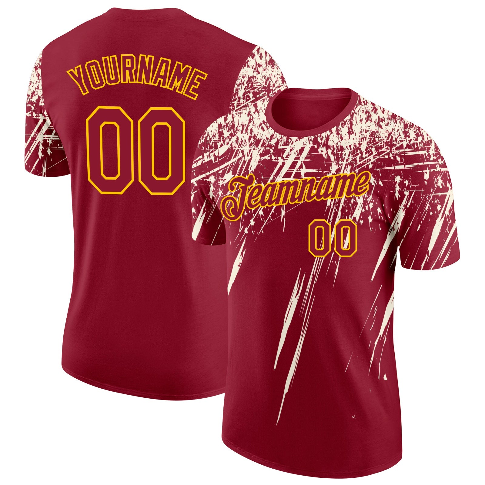 Custom Crimson Cream-Yellow Distressed Scratch Brush Stroke Performance T-Shirt - Main View
