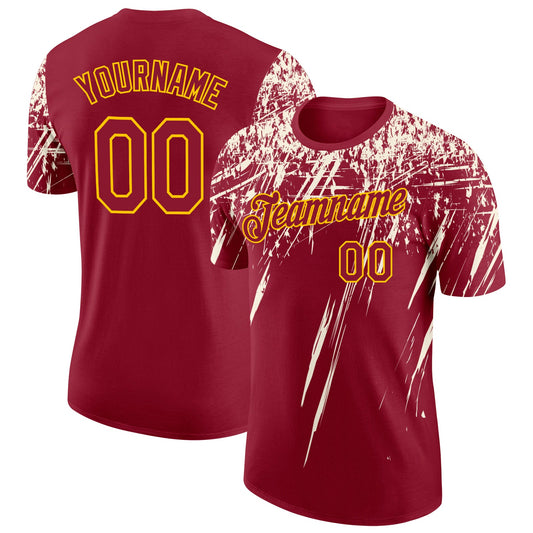 Custom Crimson Cream-Yellow Distressed Scratch Brush Stroke Performance T-Shirt - Main View