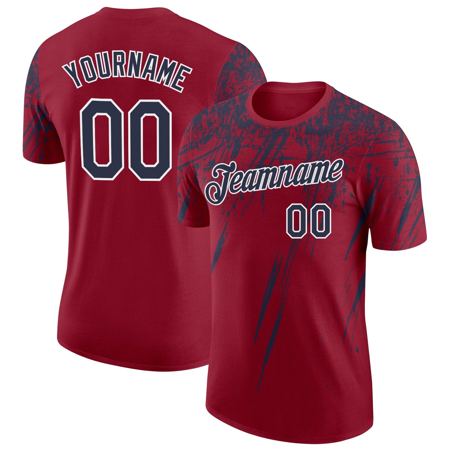 Custom Crimson Navy-White Distressed Scratch Brush Stroke Performance T-Shirt - Main View