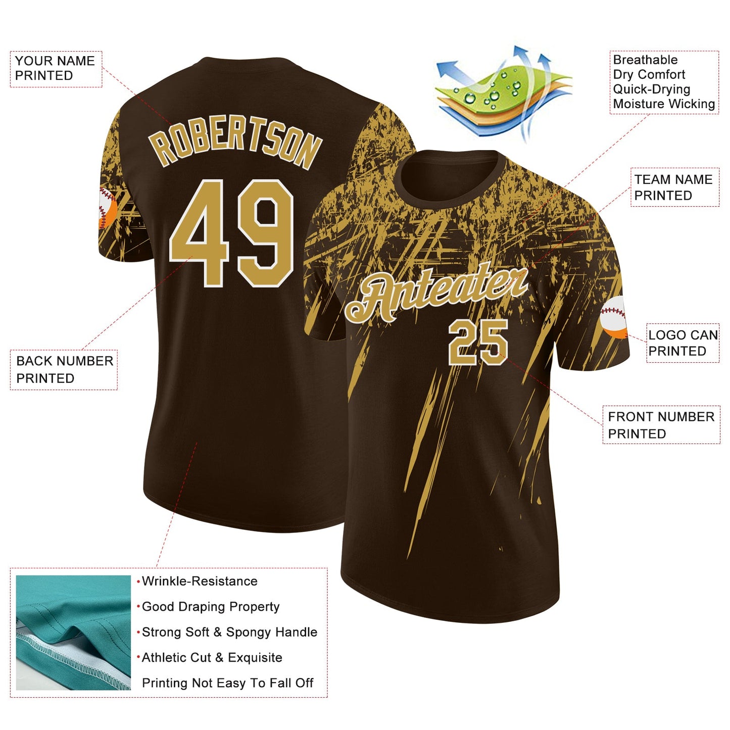 Custom Brown Old Gold-White Distressed Scratch Brush Stroke Performance T-Shirt view 2
