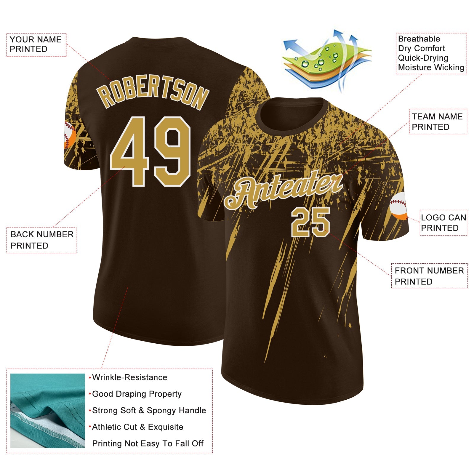 Custom Brown Old Gold-White Distressed Scratch Brush Stroke Performance T-Shirt view 2