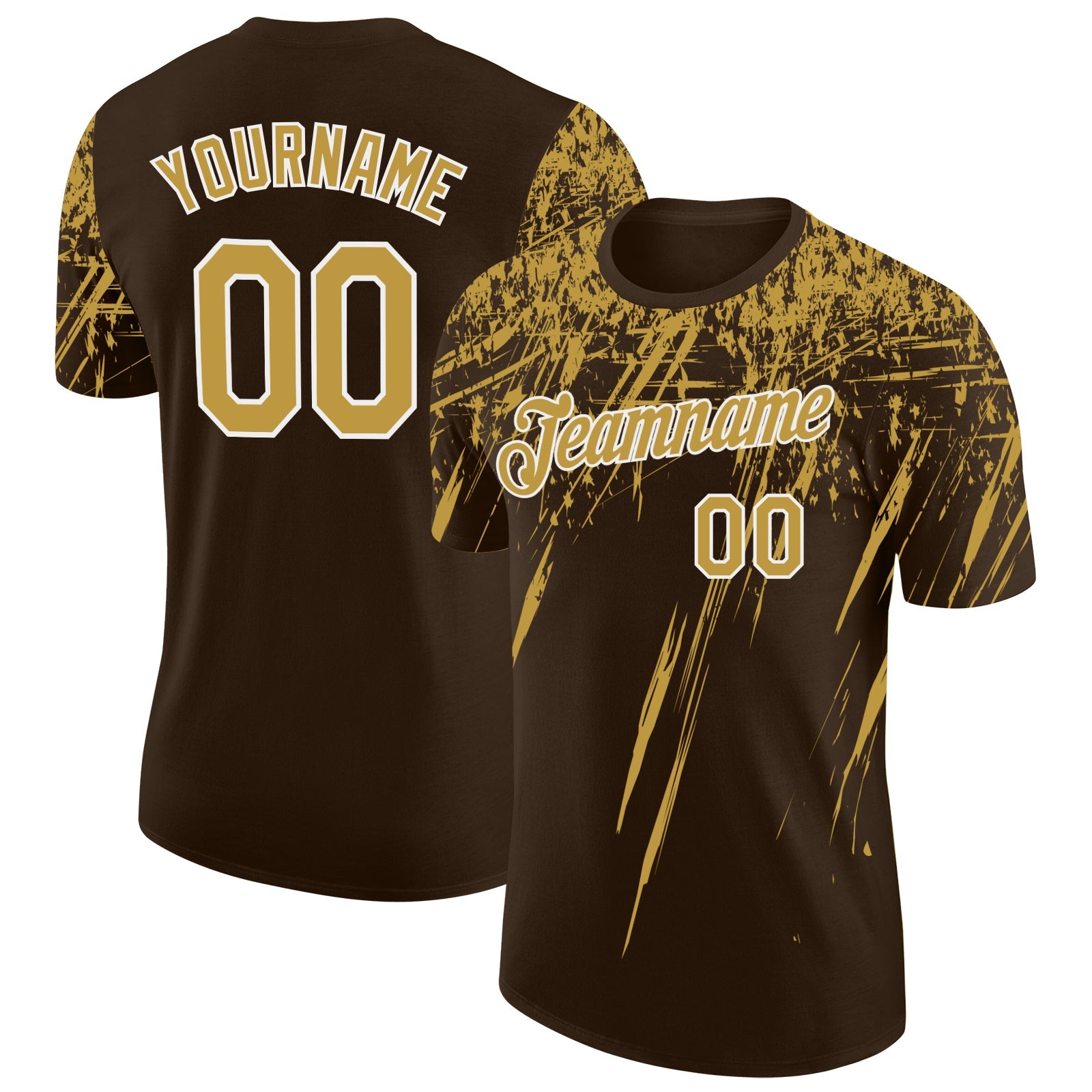 Custom Brown Old Gold-White Distressed Scratch Brush Stroke Performance T-Shirt - Main View