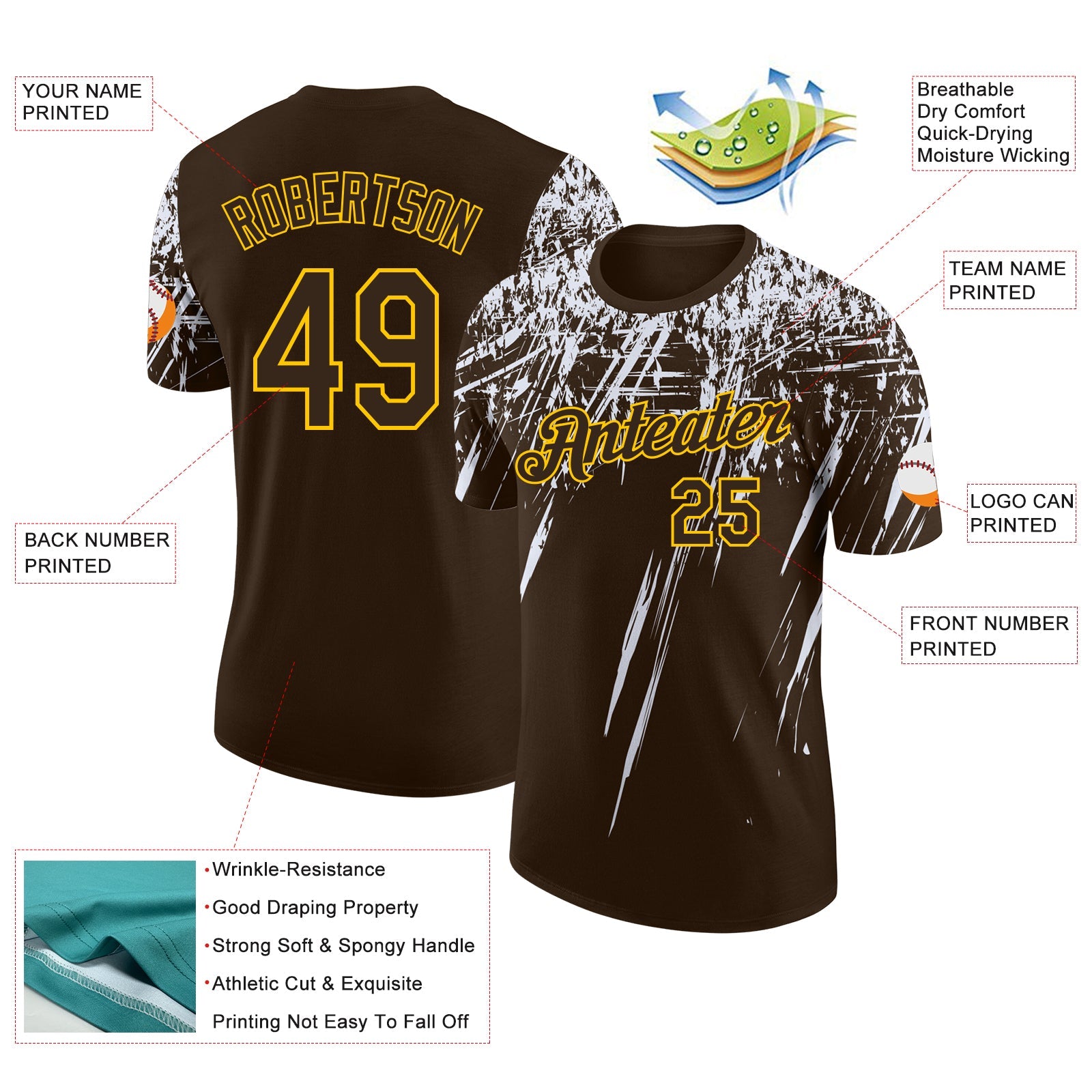 Custom Brown White-Yellow Distressed Scratch Brush Stroke Performance T-Shirt view 2