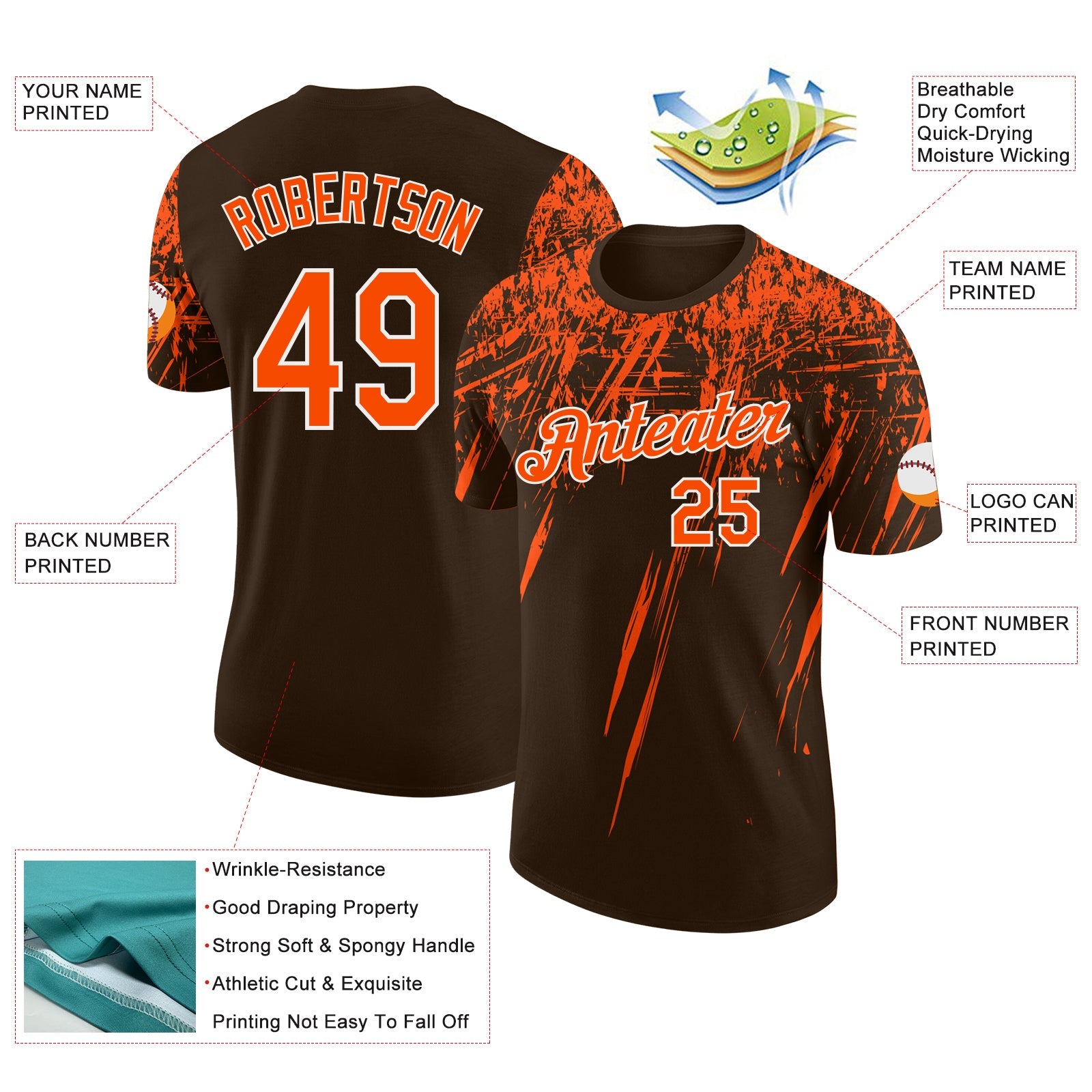 Custom Brown Orange-White Distressed Scratch Brush Stroke Performance T-Shirt view 2