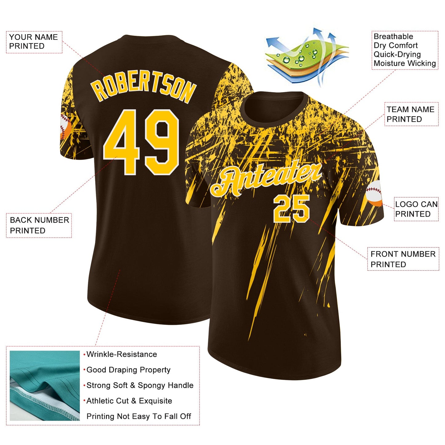 Custom Brown Yellow-White Distressed Scratch Brush Stroke Performance T-Shirt view 2