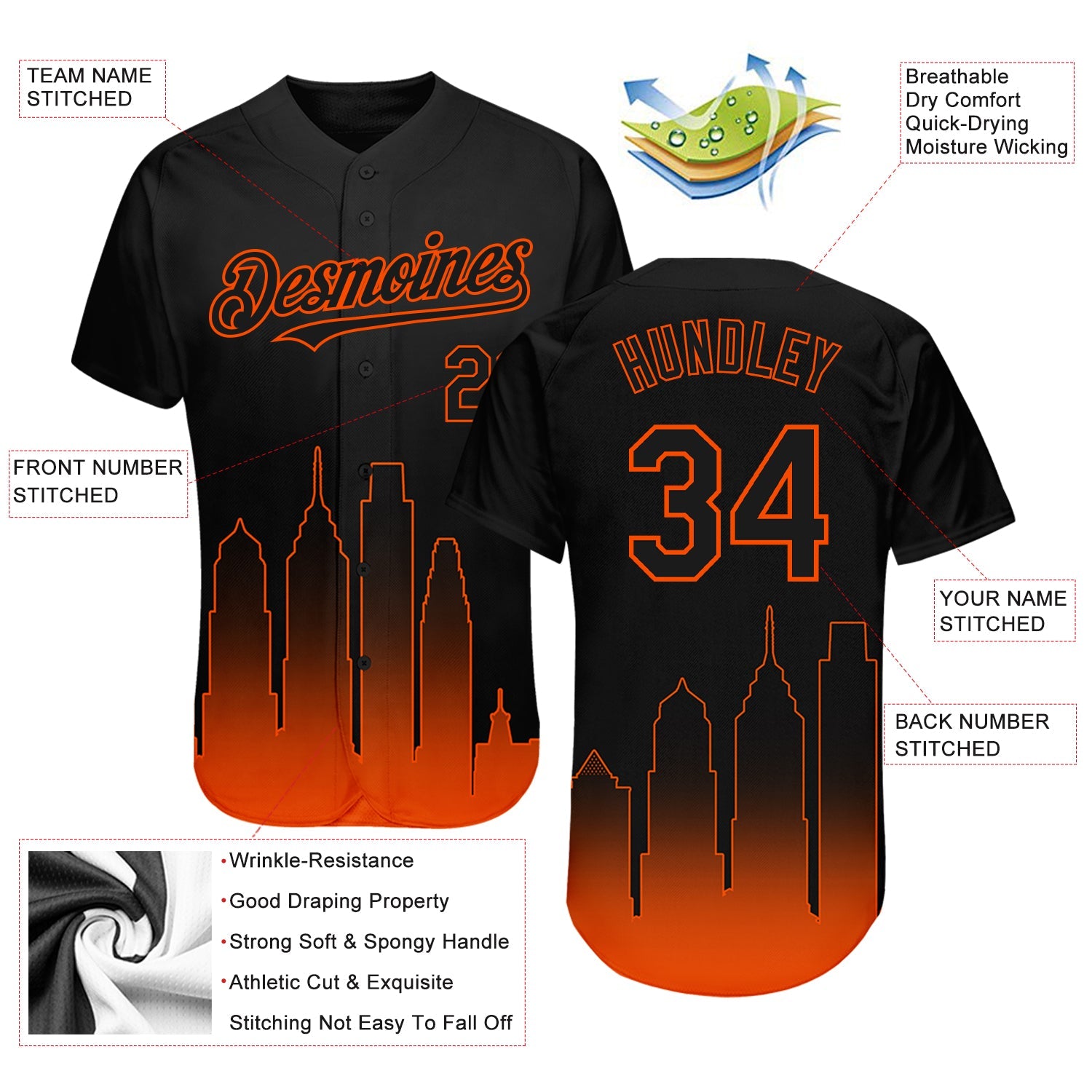 Custom Black Orange 3D Philadelphia City Edition Fade Fashion Authentic Baseball Jersey view 3
