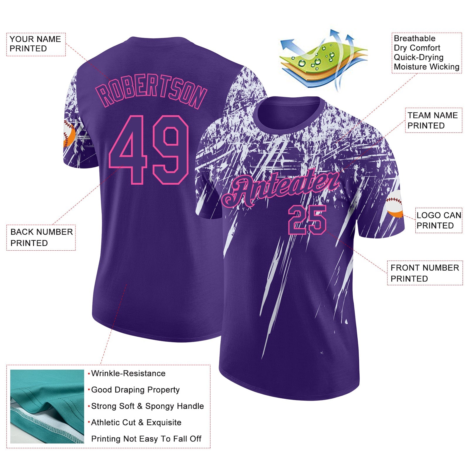 Custom Purple White-Pink Distressed Scratch Brush Stroke Performance T-Shirt view 2