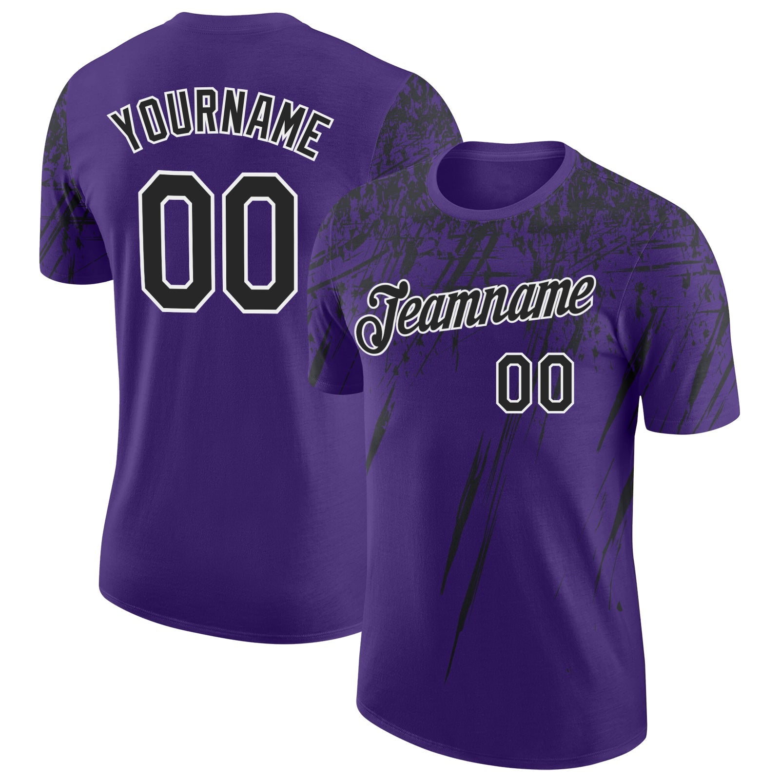 Custom Purple Black-White Distressed Scratch Brush Stroke Performance T-Shirt - Main View