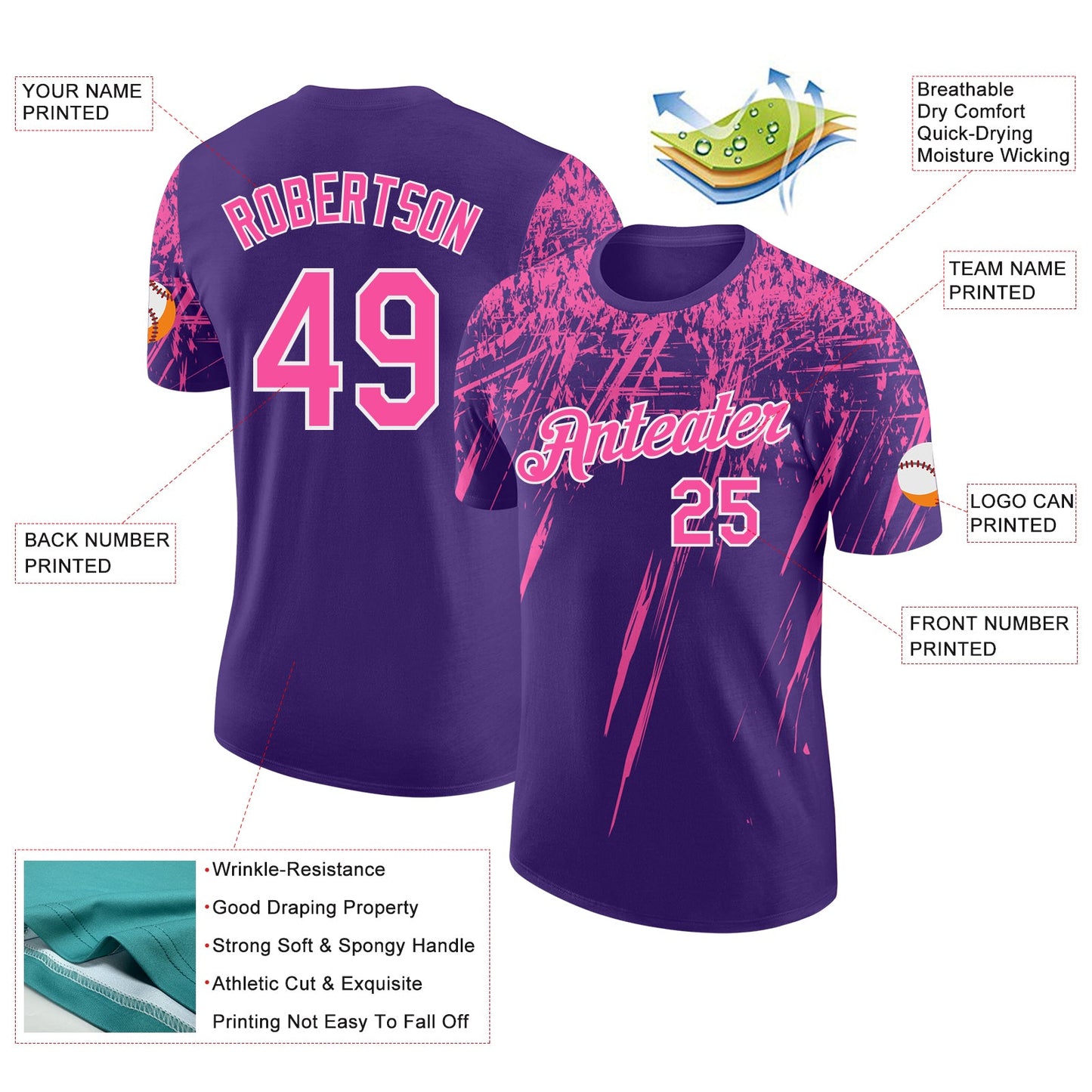 Custom Purple Pink-White Distressed Scratch Brush Stroke Performance T-Shirt view 2