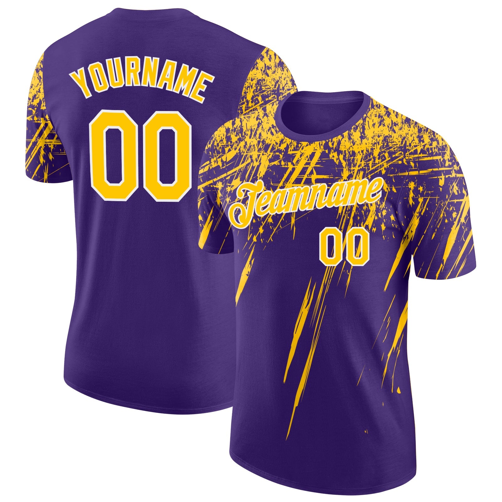 Custom Purple Yellow-White Distressed Scratch Brush Stroke Performance T-Shirt - Main View