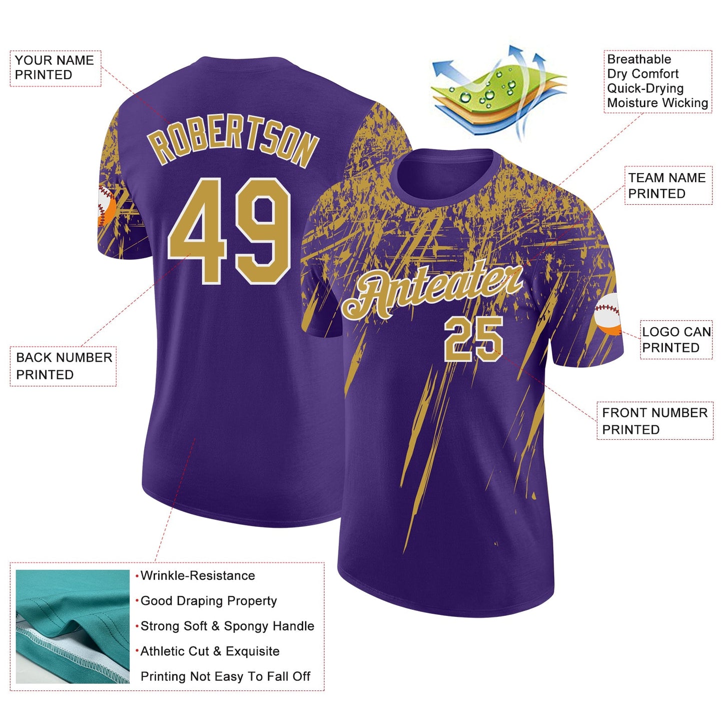 Custom Purple Old Gold-White Distressed Scratch Brush Stroke Performance T-Shirt view 2
