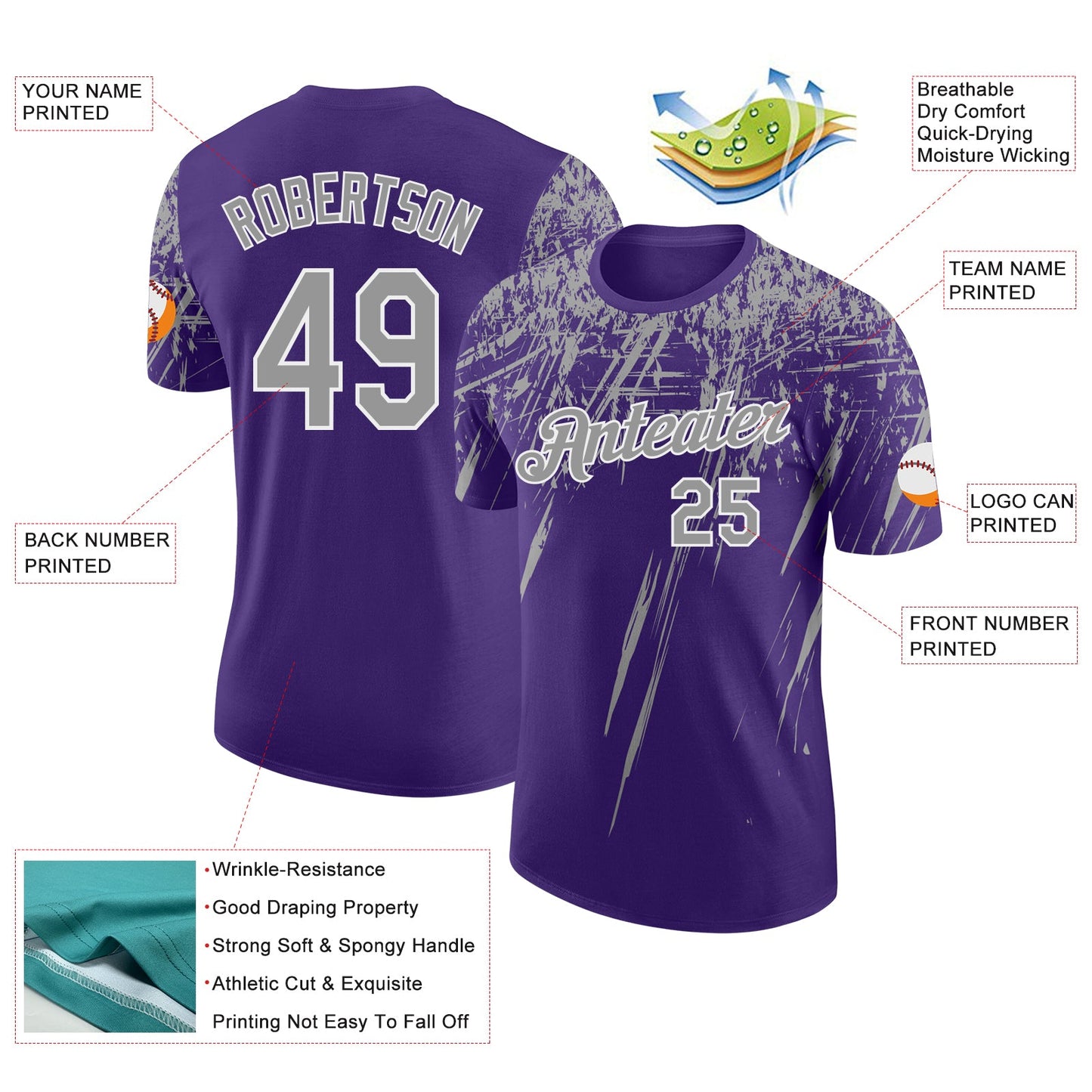Custom Purple Gray-White Distressed Scratch Brush Stroke Performance T-Shirt view 2