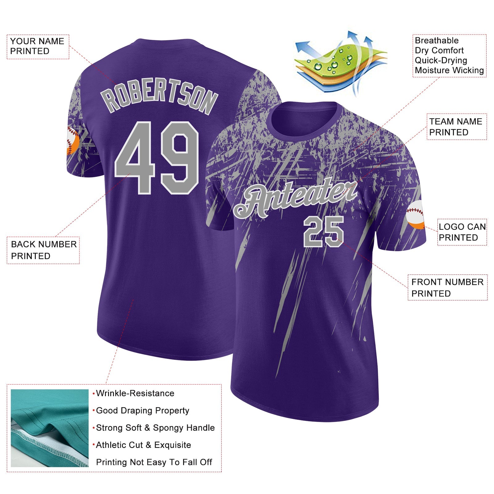 Custom Purple Gray-White Distressed Scratch Brush Stroke Performance T-Shirt view 2