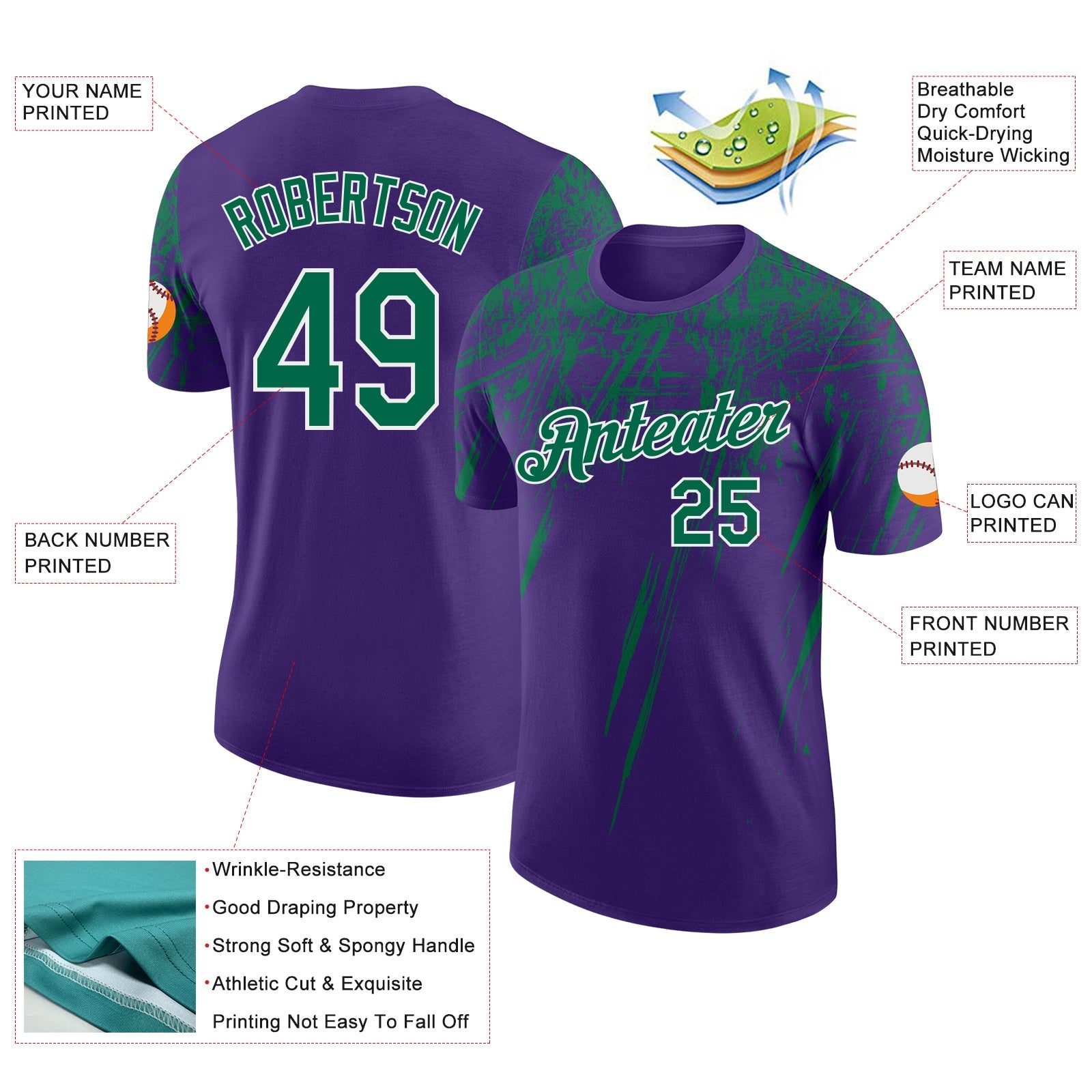 Custom Purple Kelly Green-White Distressed Scratch Brush Stroke Performance T-Shirt view 2