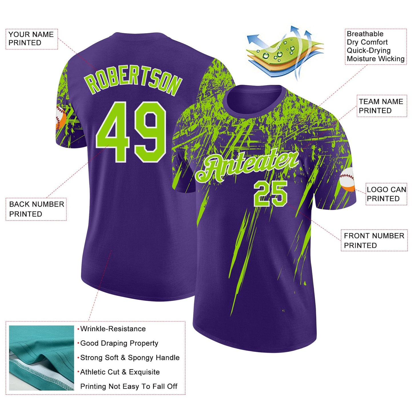 Custom Purple Neon Green-White Distressed Scratch Brush Stroke Performance T-Shirt view 2