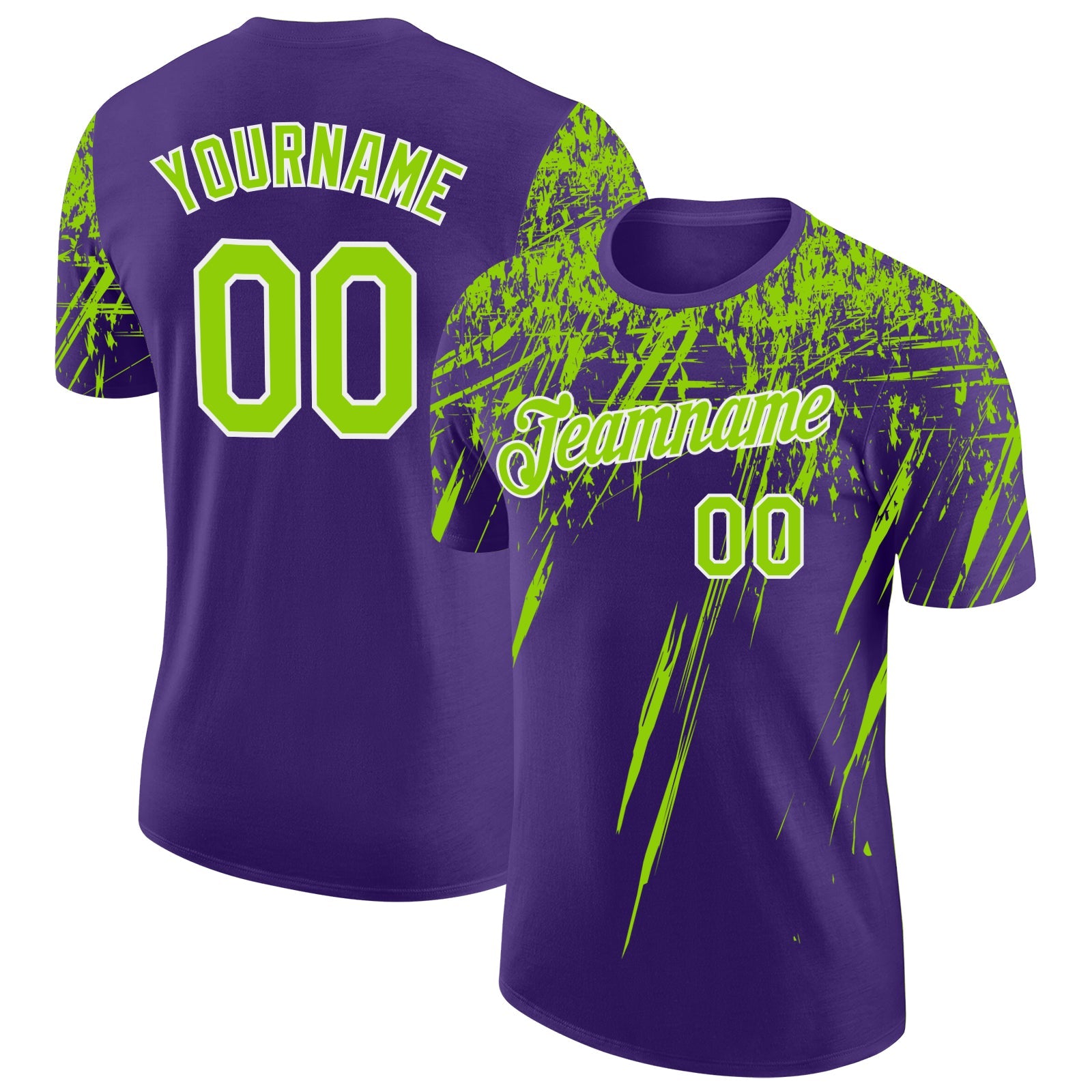 Custom Purple Neon Green-White Distressed Scratch Brush Stroke Performance T-Shirt - Main View