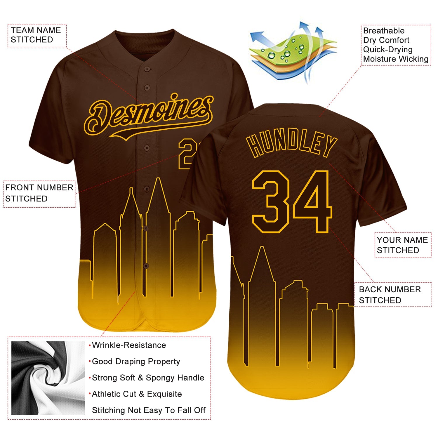 Custom Brown Gold 3D San Diego City Edition Fade Fashion Authentic Baseball Jersey view 3