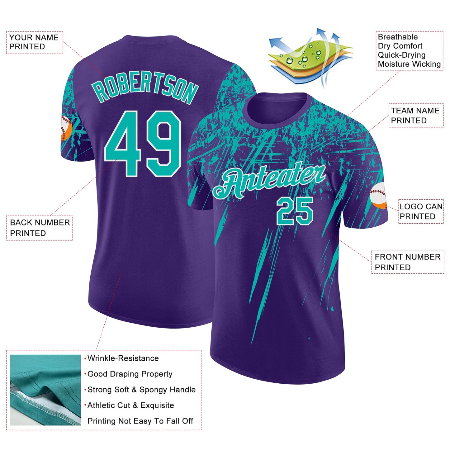 Custom Purple Aqua-White Distressed Scratch Brush Stroke Performance T-Shirt view 2