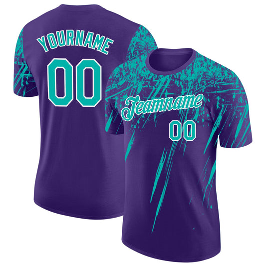 Custom Purple Aqua-White Distressed Scratch Brush Stroke Performance T-Shirt - Main View