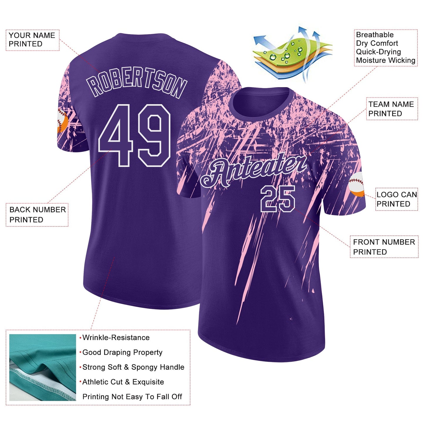 Custom Purple Light Pink-White Distressed Scratch Brush Stroke Performance T-Shirt view 2