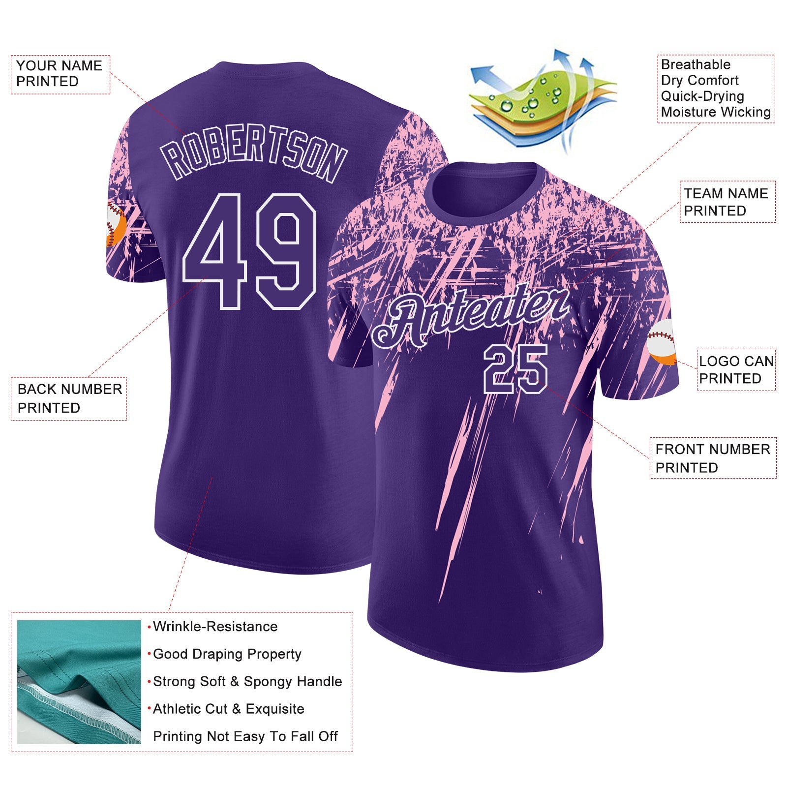 Custom Purple Light Pink-White Distressed Scratch Brush Stroke Performance T-Shirt view 2