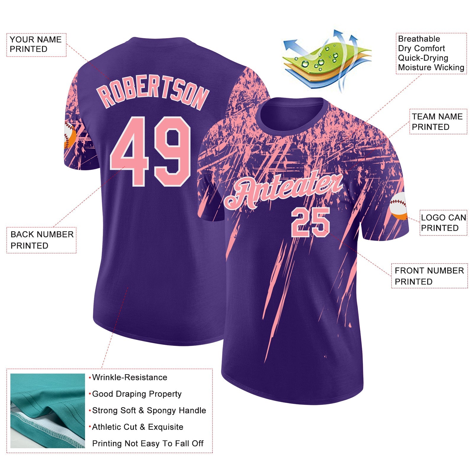 Custom Purple Medium Pink-White Distressed Scratch Brush Stroke Performance T-Shirt view 2