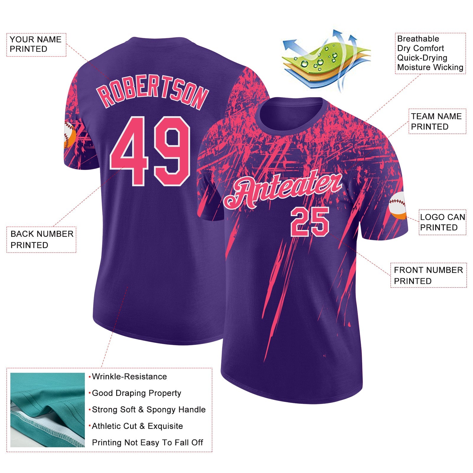 Custom Purple Neon Pink-White Distressed Scratch Brush Stroke Performance T-Shirt view 2