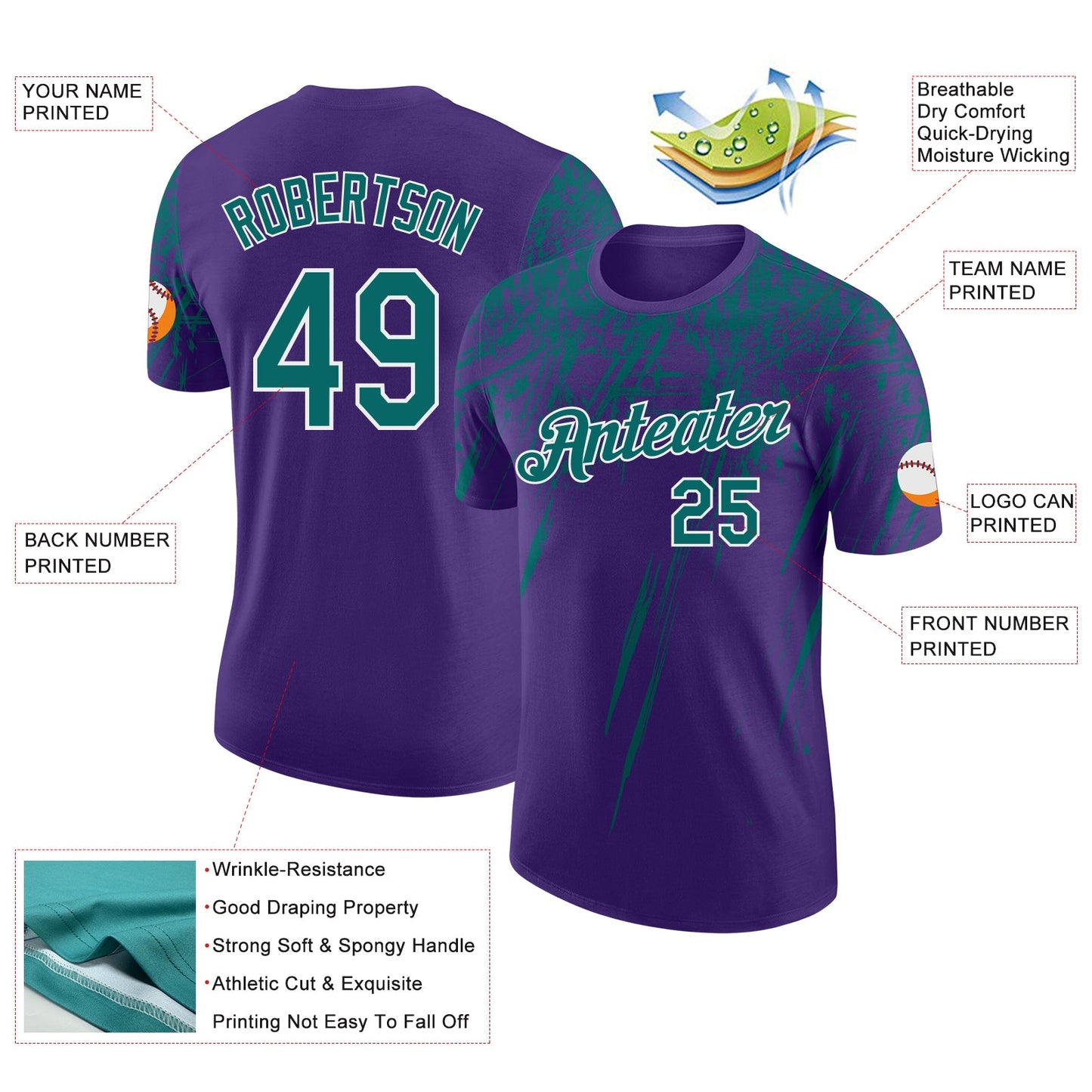Custom Purple Teal-White Distressed Scratch Brush Stroke Performance T-Shirt view 2