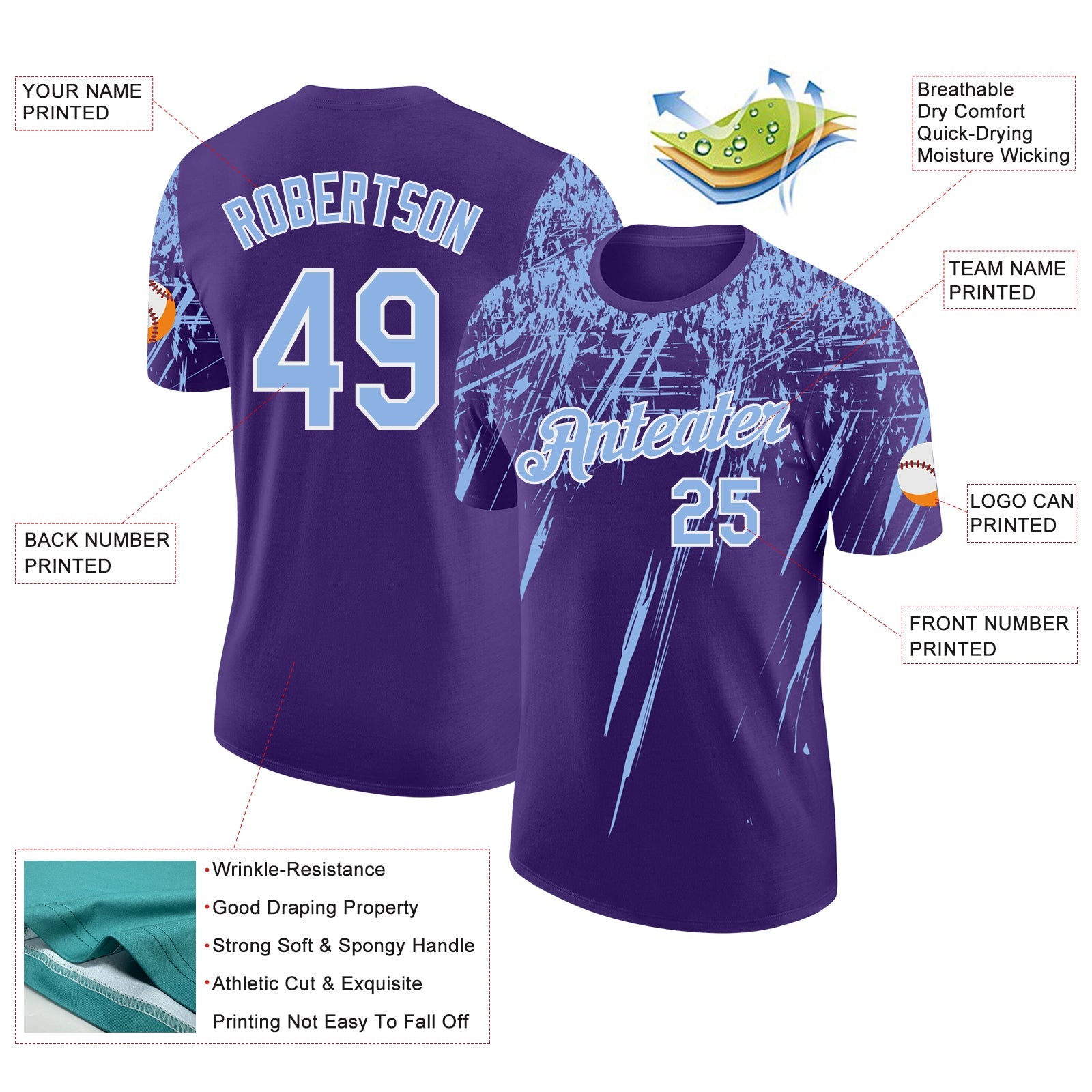 Custom Purple Light Blue-White Distressed Scratch Brush Stroke Performance T-Shirt view 2