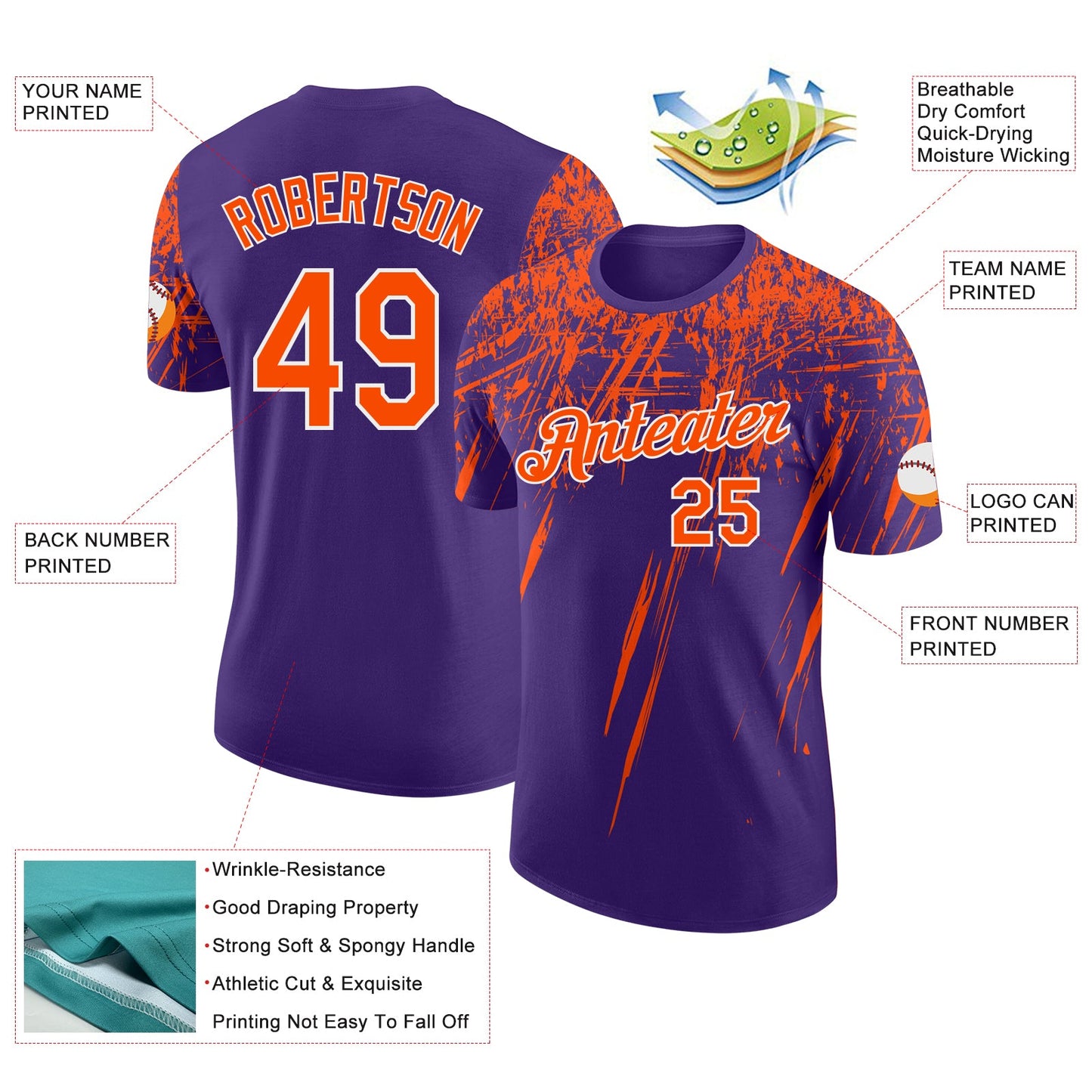 Custom Purple Orange-White Distressed Scratch Brush Stroke Performance T-Shirt view 2