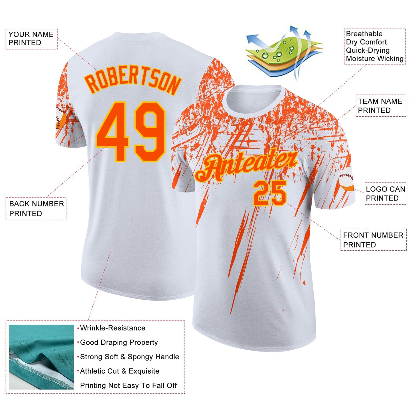 Custom White Orange-Yellow Distressed Scratch Brush Stroke Performance T-Shirt view 2