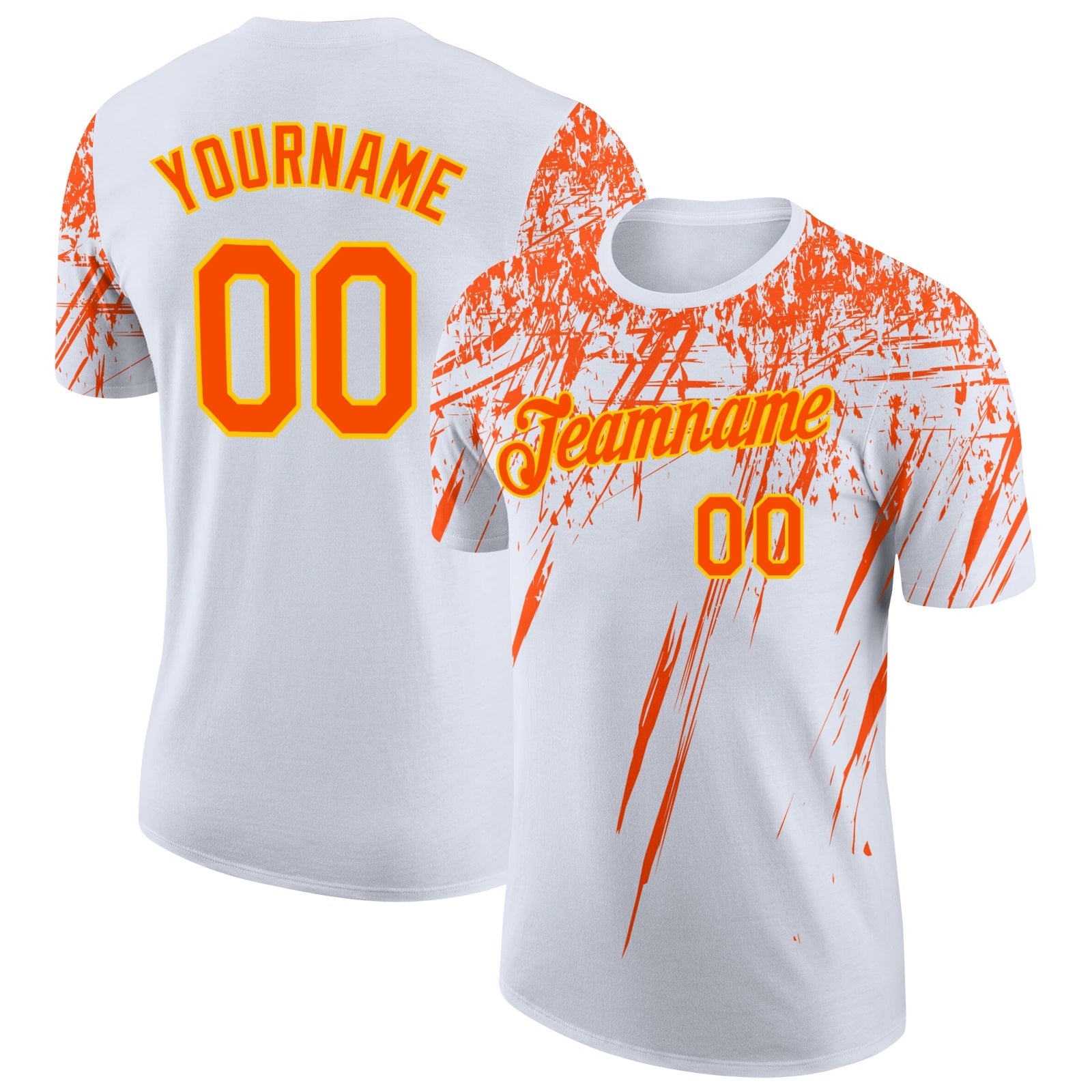 Custom White Orange-Yellow Distressed Scratch Brush Stroke Performance T-Shirt - Main View