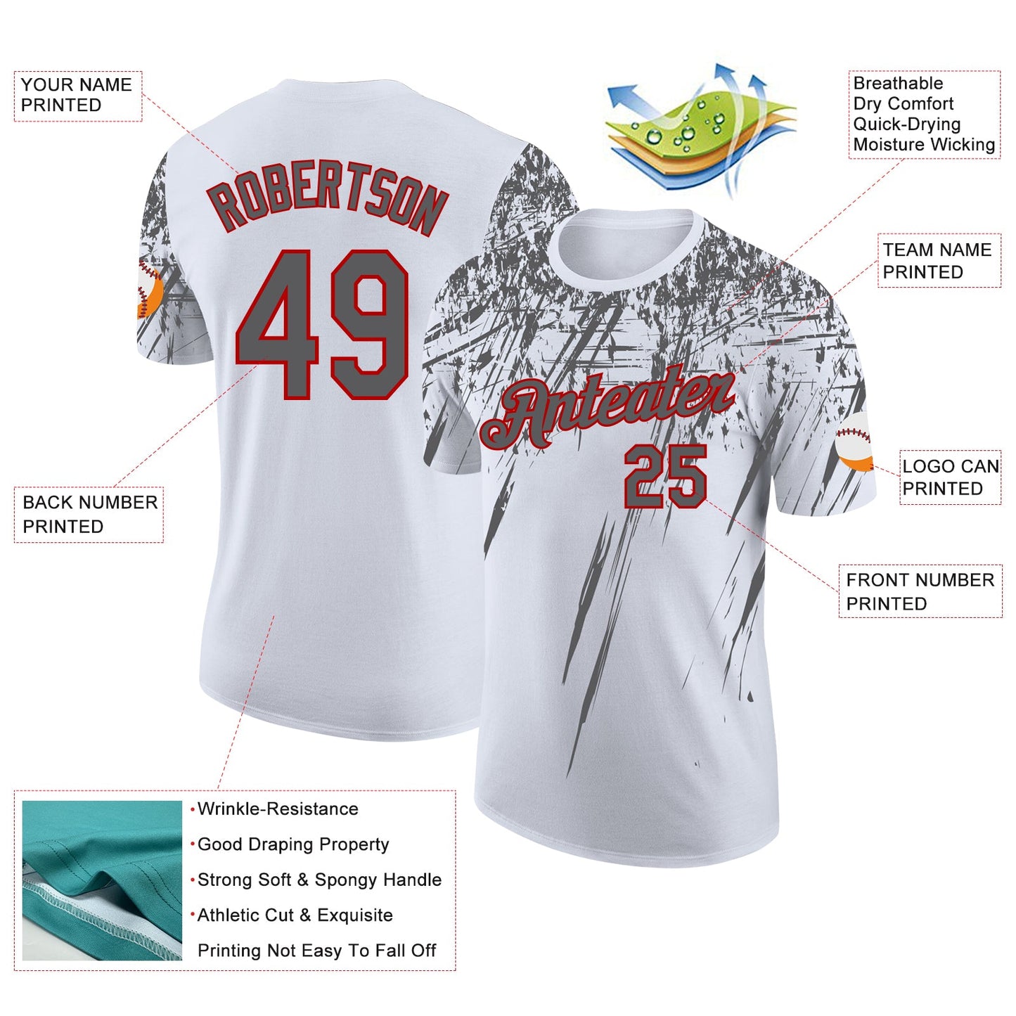 Custom White Steel Gray-Red Distressed Scratch Brush Stroke Performance T-Shirt view 2