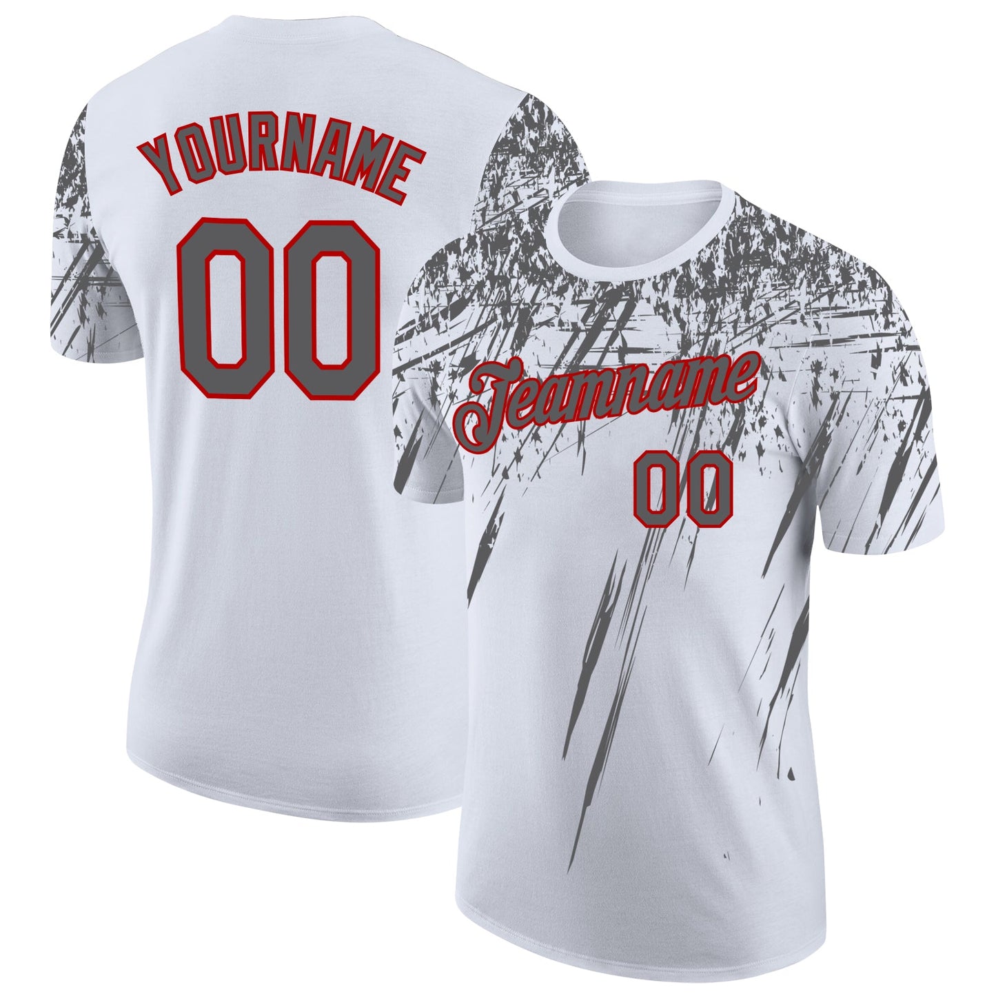 Custom White Steel Gray-Red Distressed Scratch Brush Stroke Performance T-Shirt - Main View