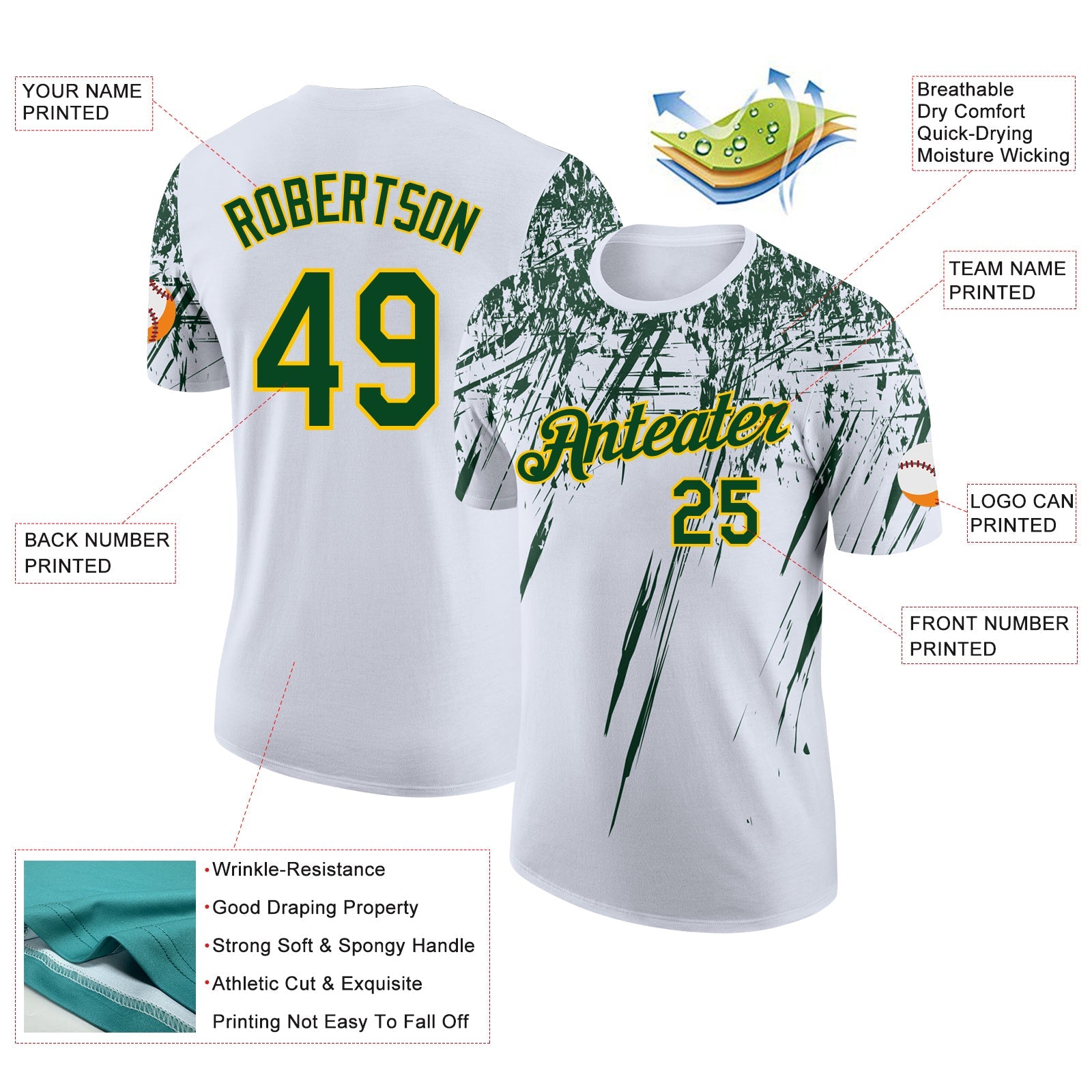 Custom White Green-Yellow Distressed Scratch Brush Stroke Performance T-Shirt view 2