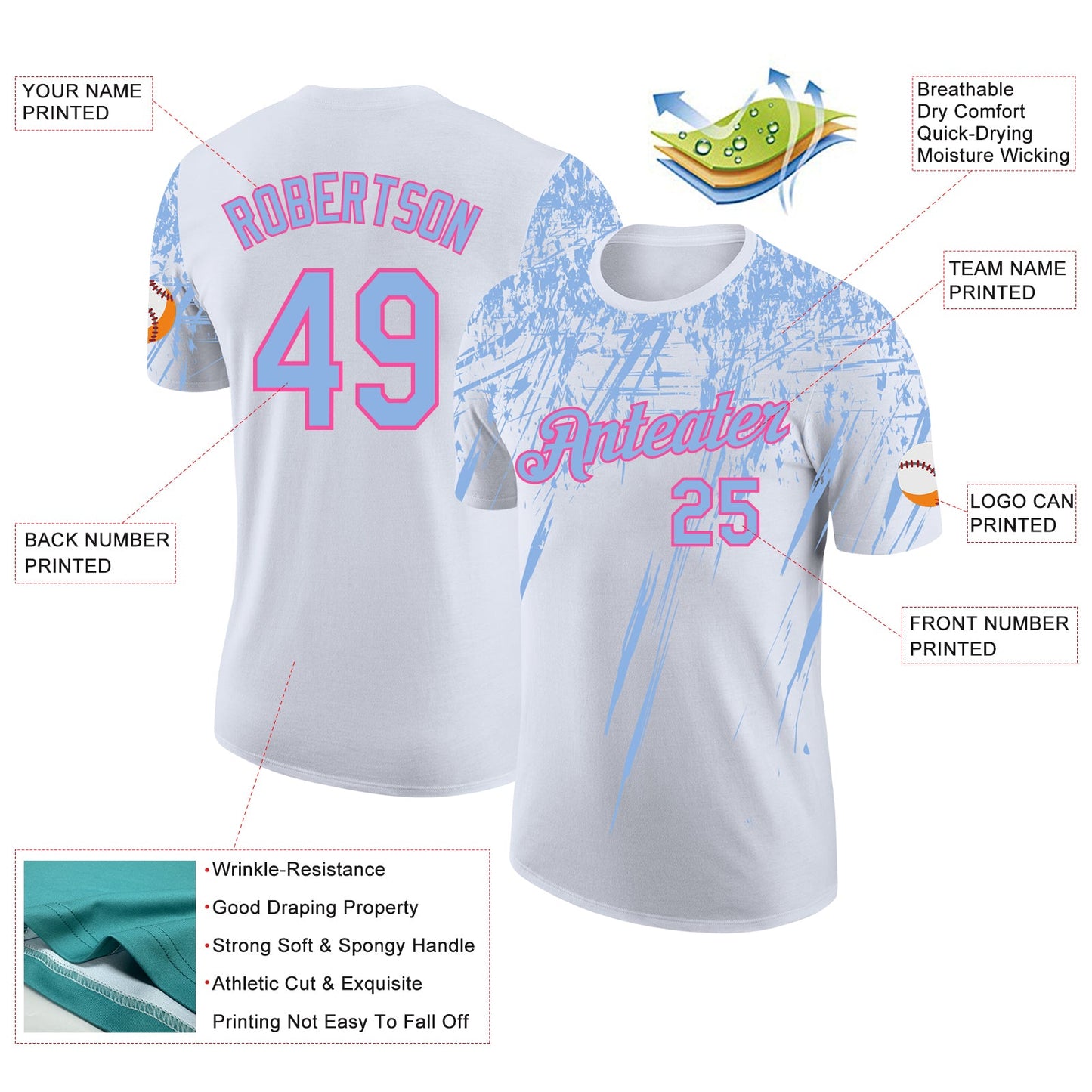Custom White Light Blue-Pink Distressed Scratch Brush Stroke Performance T-Shirt view 2