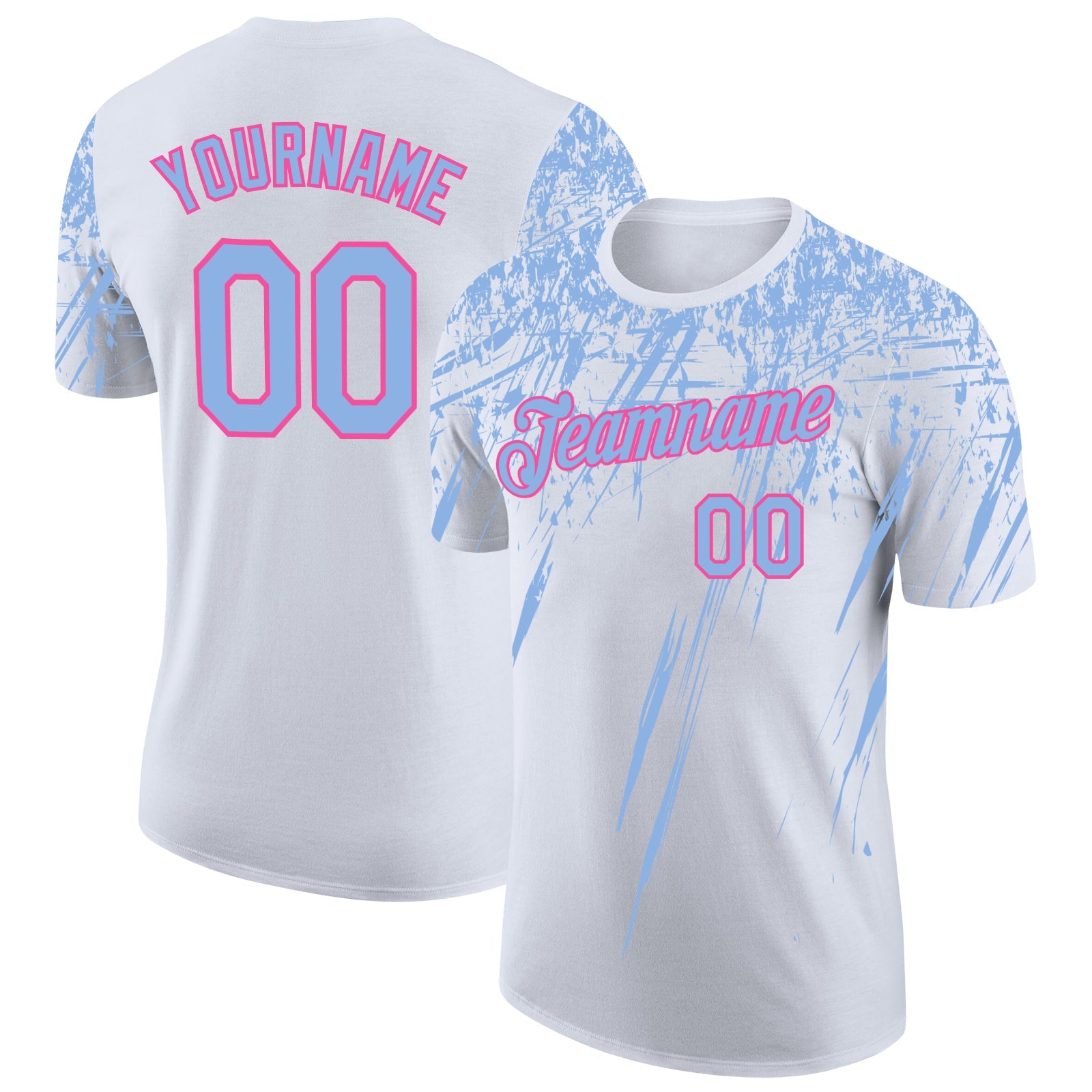 Custom White Light Blue-Pink Distressed Scratch Brush Stroke Performance T-Shirt - Main View