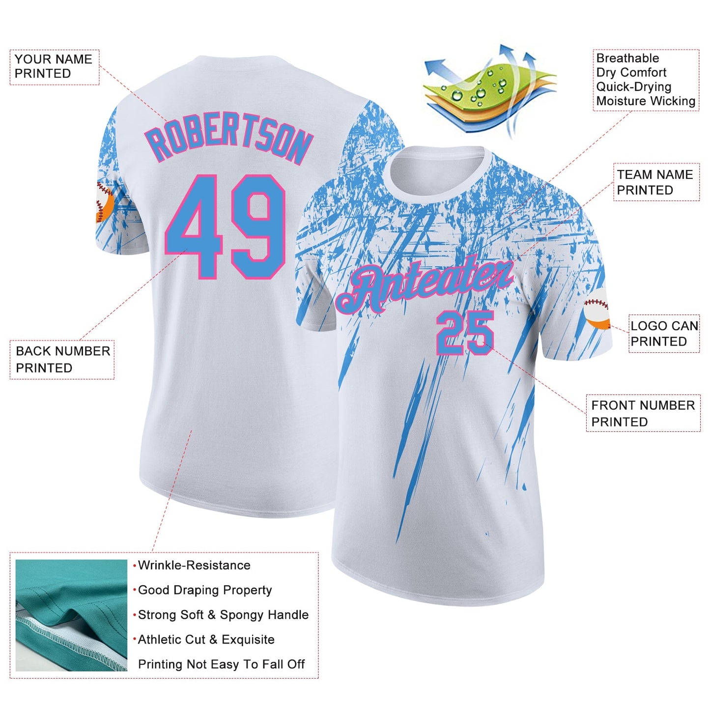 Custom White Powder Blue-Pink Distressed Scratch Brush Stroke Performance T-Shirt view 2