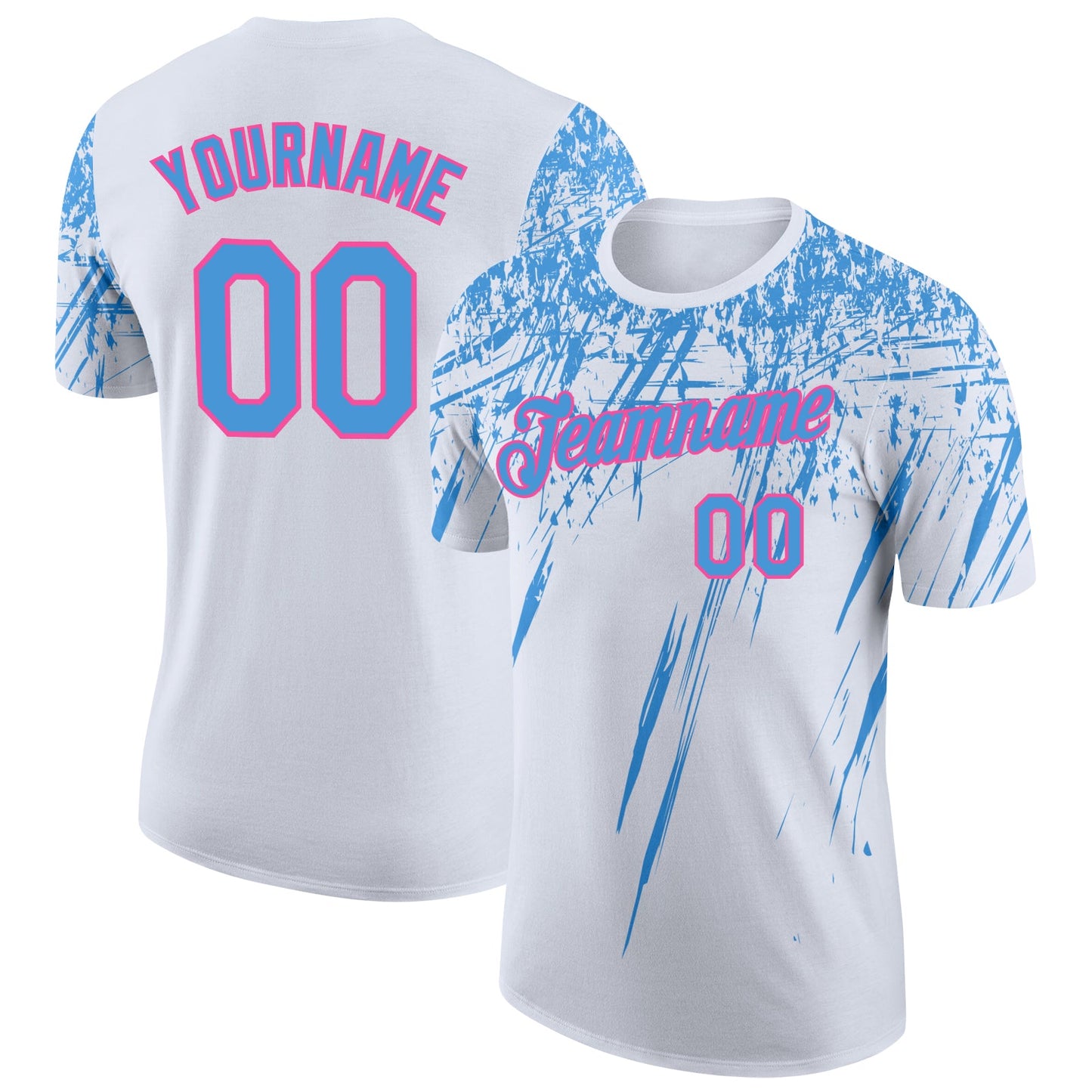 Custom White Powder Blue-Pink Distressed Scratch Brush Stroke Performance T-Shirt - Main View
