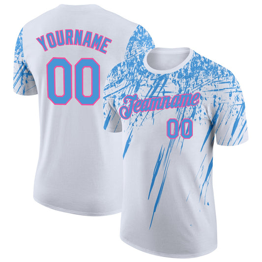 Custom White Powder Blue-Pink Distressed Scratch Brush Stroke Performance T-Shirt - Main View