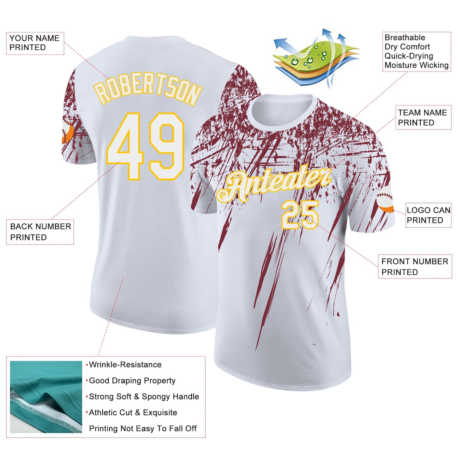 Custom White Burgundy-Yellow Distressed Scratch Brush Stroke Performance T-Shirt view 2