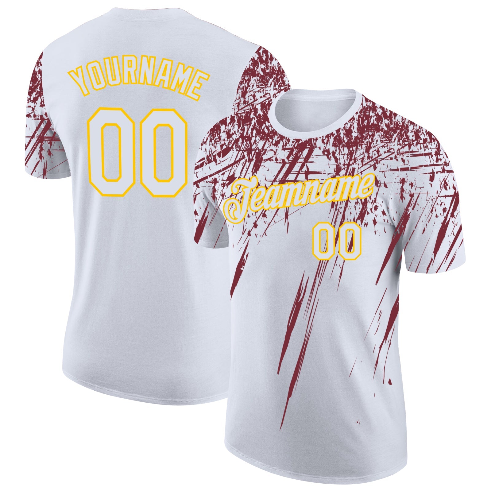 Custom White Burgundy-Yellow Distressed Scratch Brush Stroke Performance T-Shirt - Main View